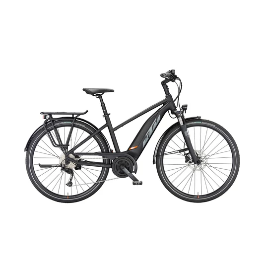 KTM MACINA FUN A510 TRAPÉZ BLACK MATT (GREY+ORANGE) UNISEX ELEKTROMOS TEKKING KERÉKPÁR 2023