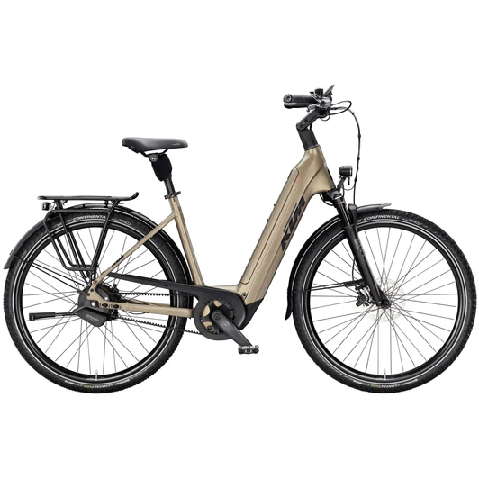 KTM MACINA CITY 810 BELT EASY ENTRY OLIVE PEARL MATT (BLK+ORANGE) 2025 UNISEX ELEKTROMOS CITY TREKKING KERÉKPÁR